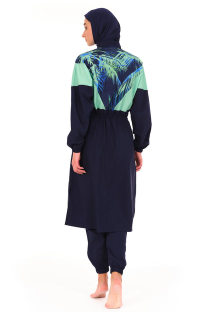 Modest Full-Length Navy Blue Tropical Print Burkini