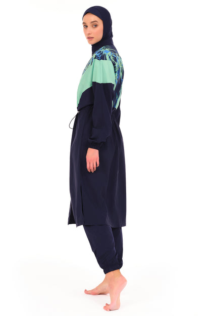 Modest Full-Length Navy Blue Tropical Print Burkini