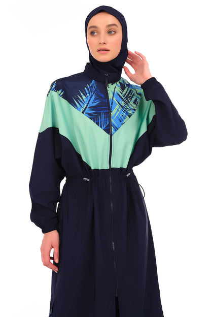 Modest Full-Length Navy Blue Tropical Print Burkini