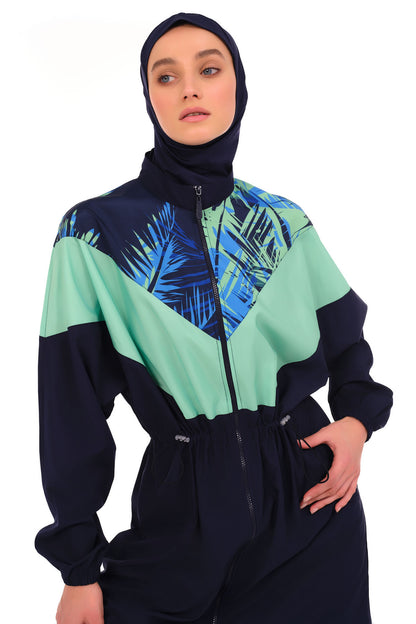 Modest Full-Length Navy Blue Tropical Print Burkini