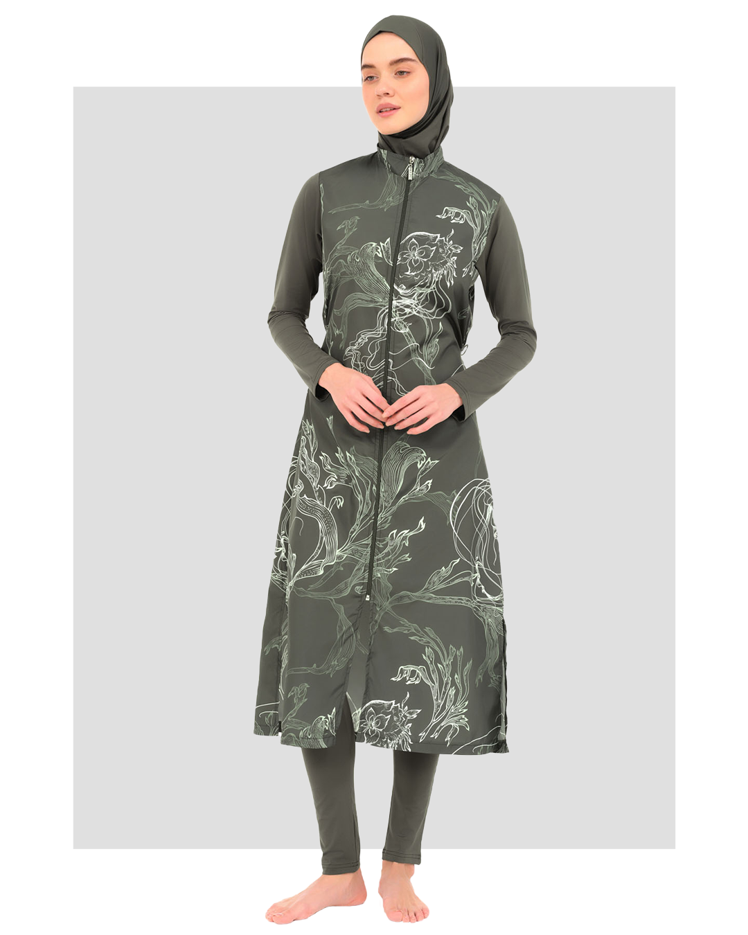 Modest Full-Length Khaki Burkini with Floral Print