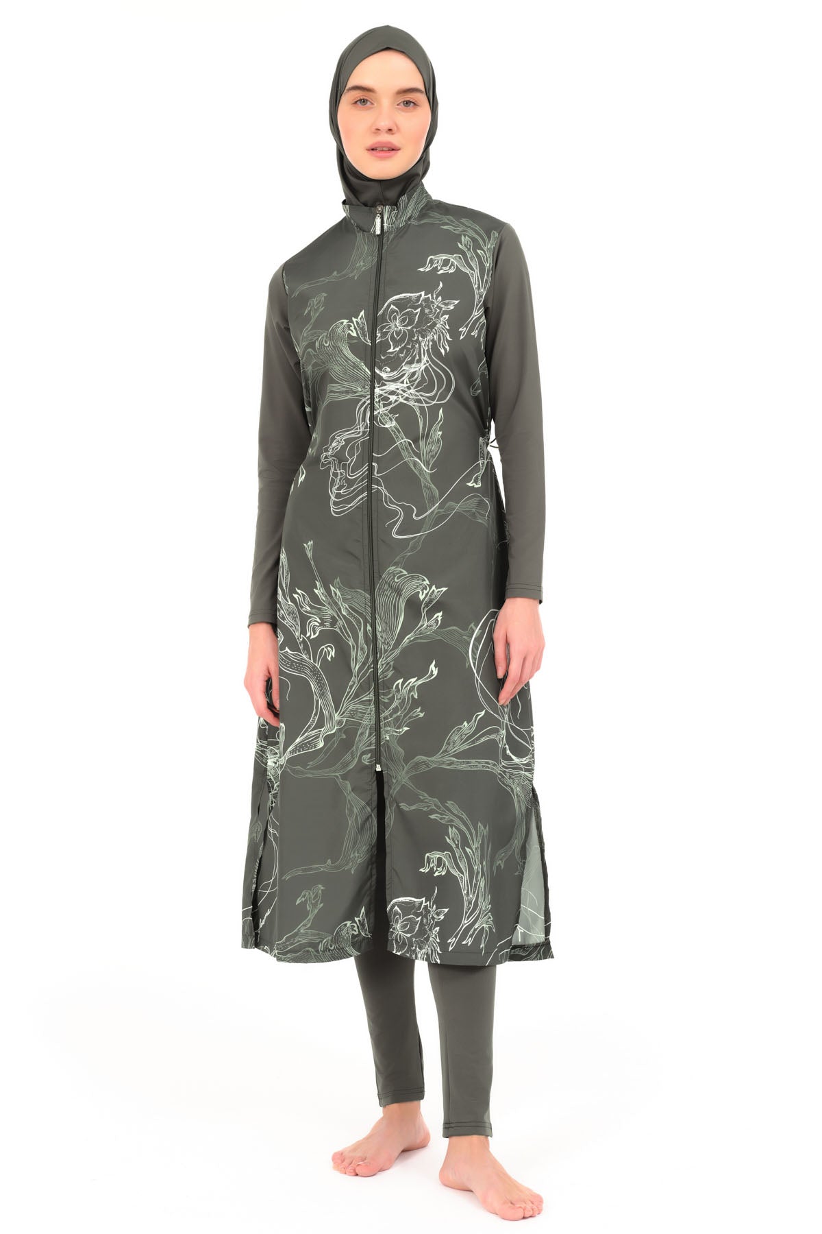 Modest Full-Length Khaki Burkini with Floral Print