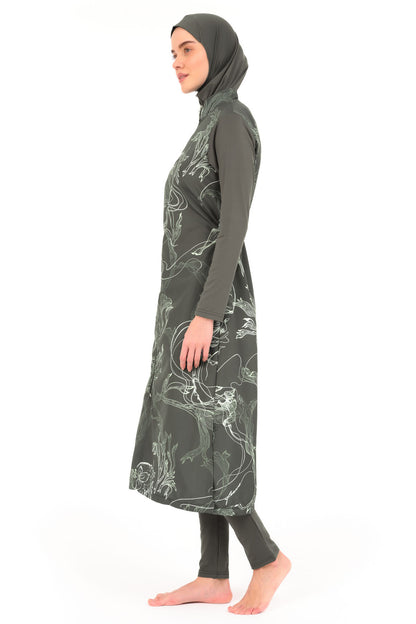 Modest Full-Length Khaki Burkini with Floral Print