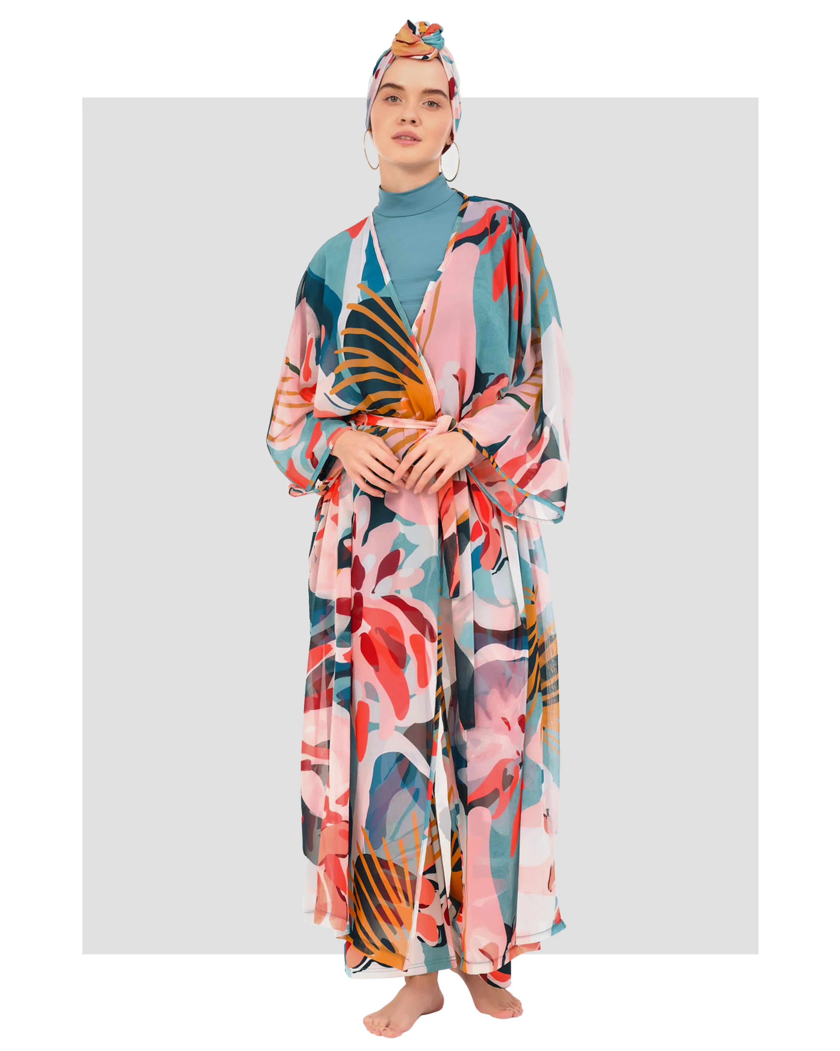 Tropical Bloom Burkini with Sheer Kimono