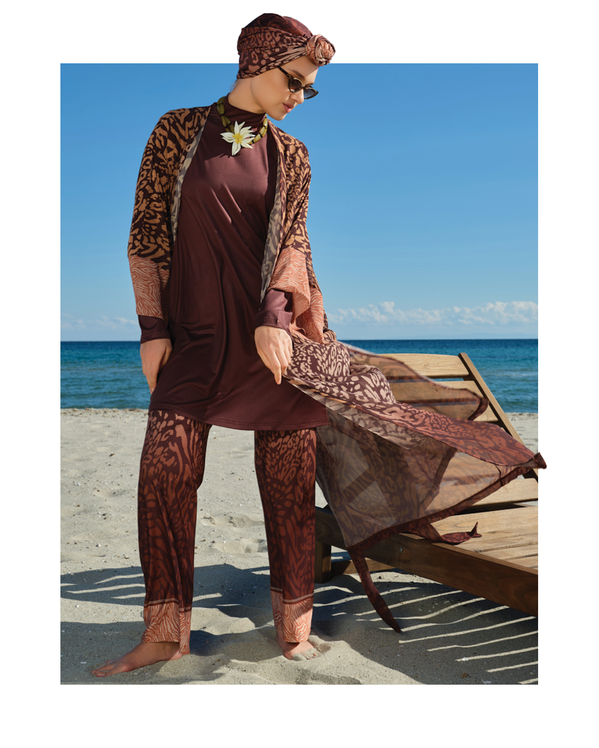 Mocha Print Burkini with Chiffon Kimono