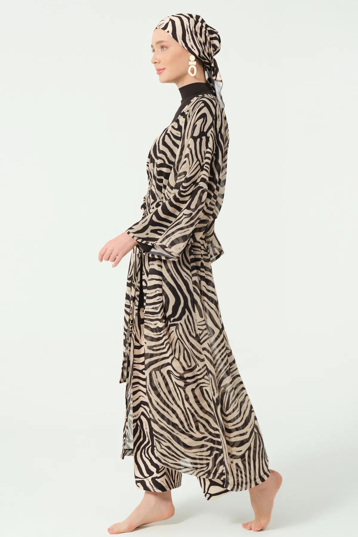 Black Lycra Burkini with Zebra Print with Sheer Kimono