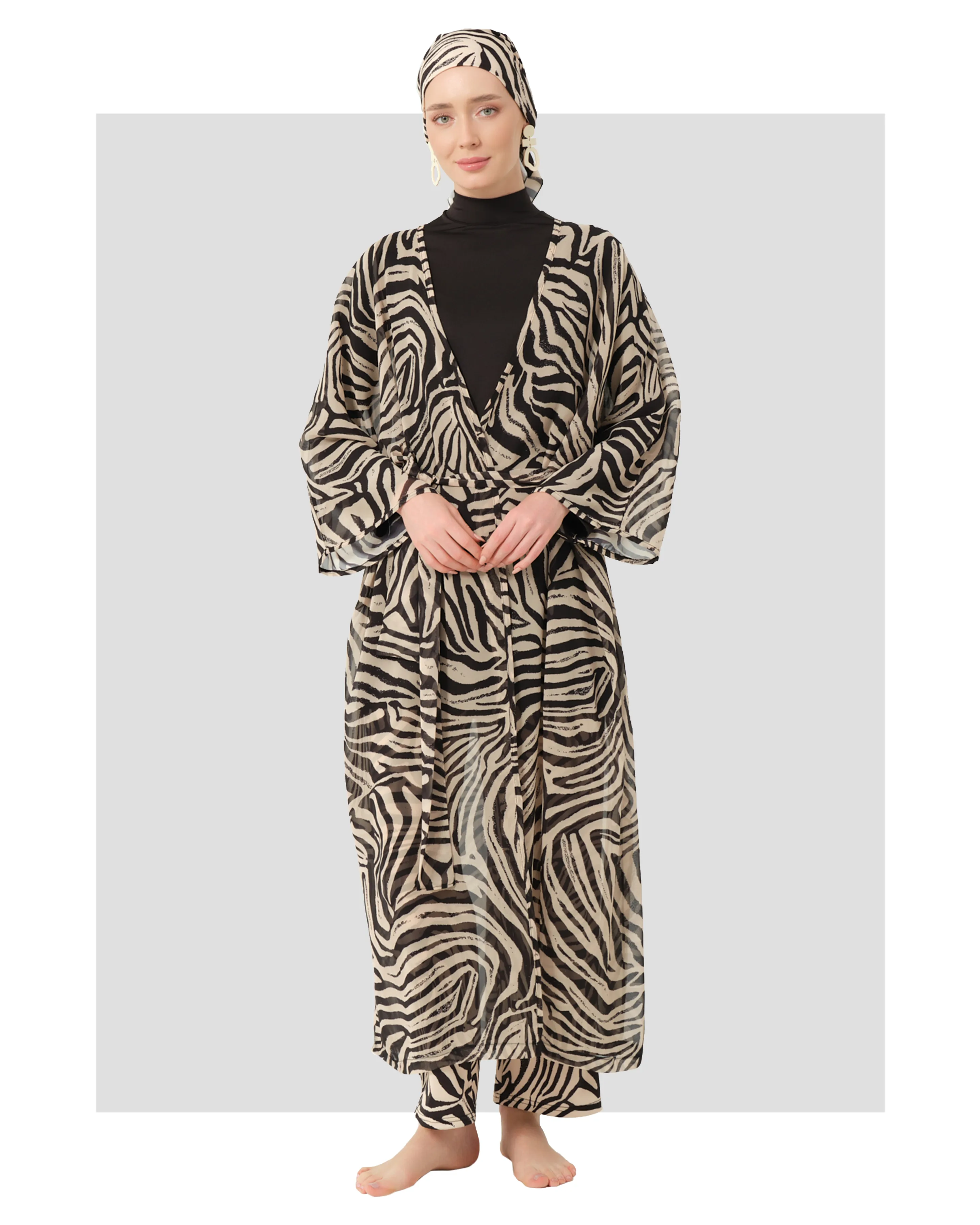 Black Lycra Burkini with Zebra Print with Sheer Kimono