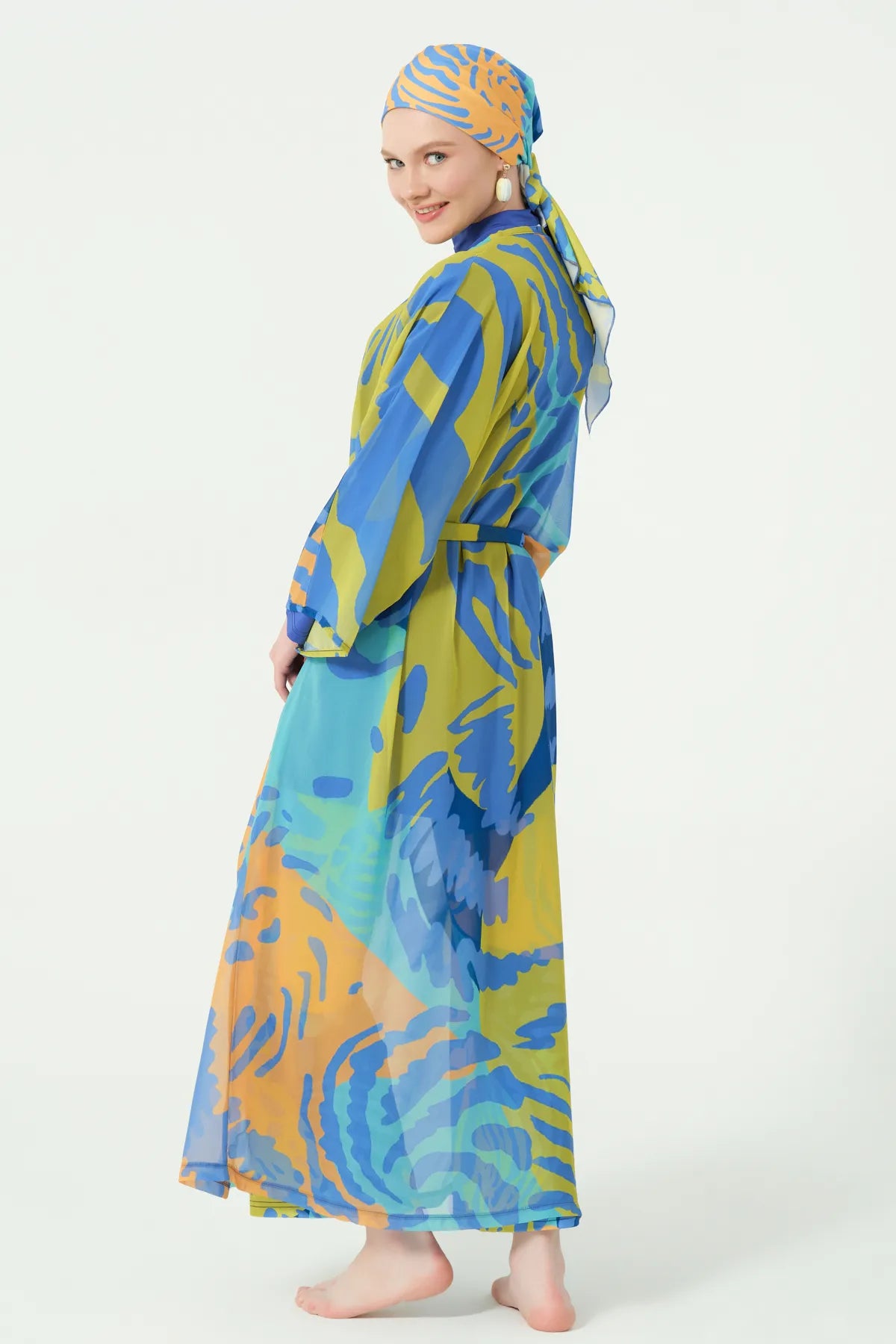 Abstract Print Modest Swimwear with Sheer Kimono