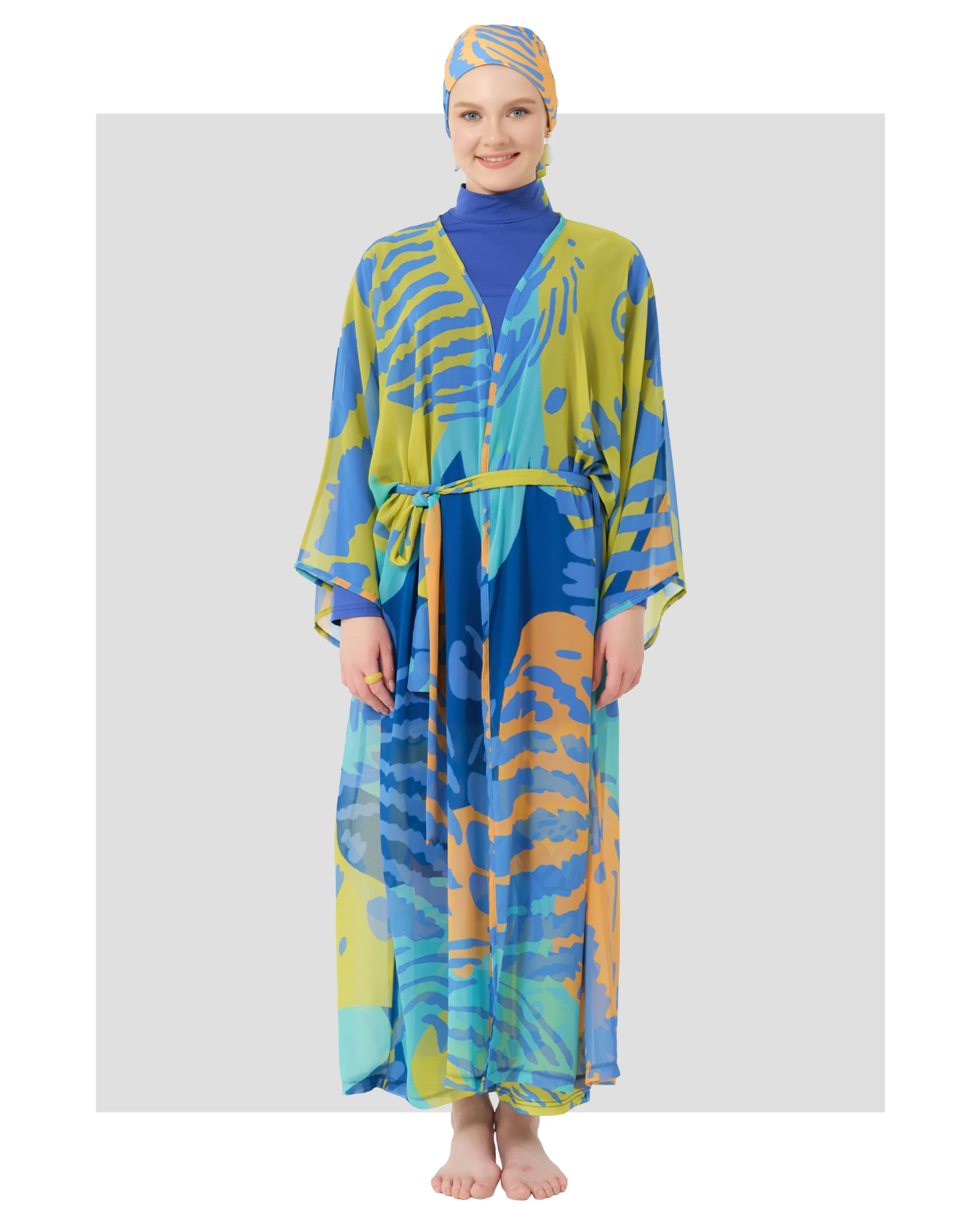 Abstract Print Modest Swimwear with Sheer Kimono