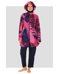 Model wearing pink Abstract Print burkini set with zipper, front view.
