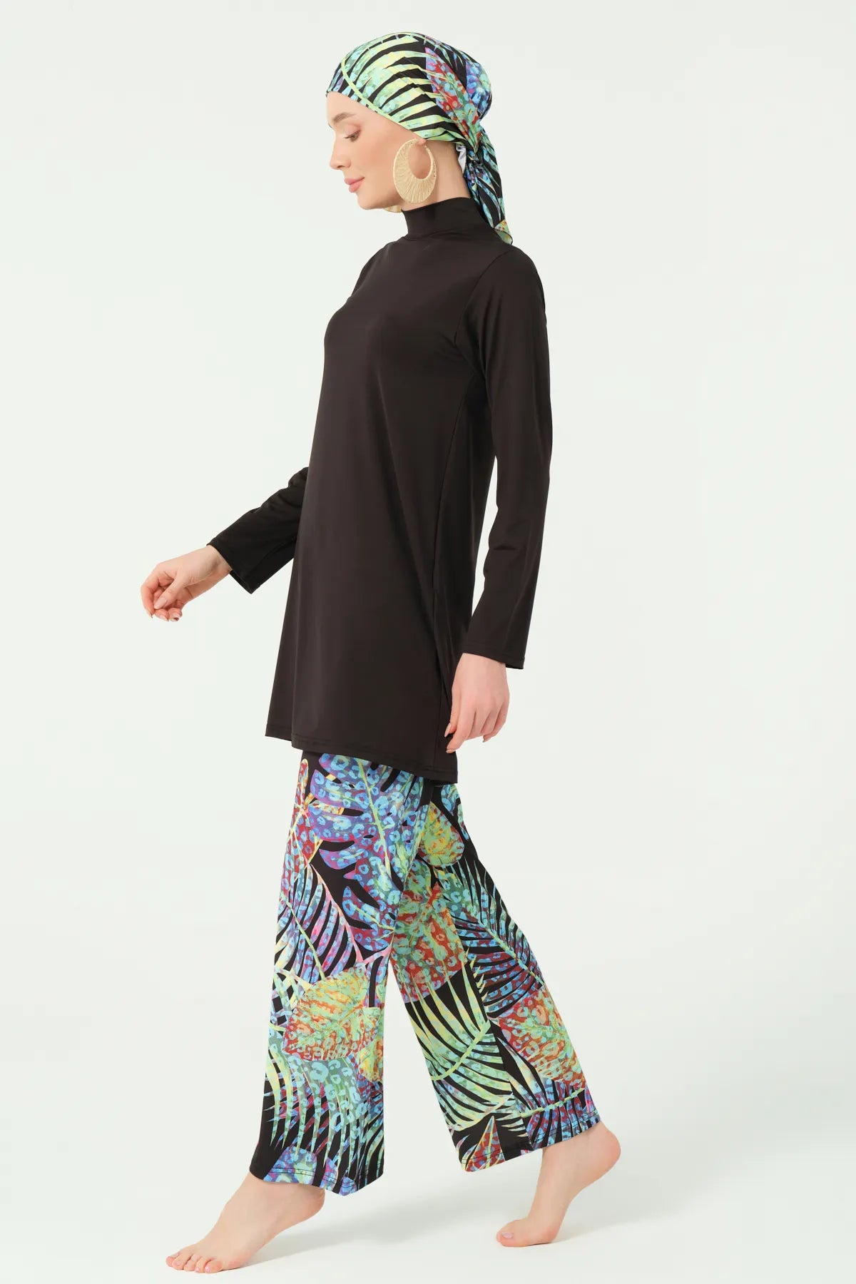 Black Lycra Burkini with Vibrant Tropical Leaf Print | Modest Swimwear