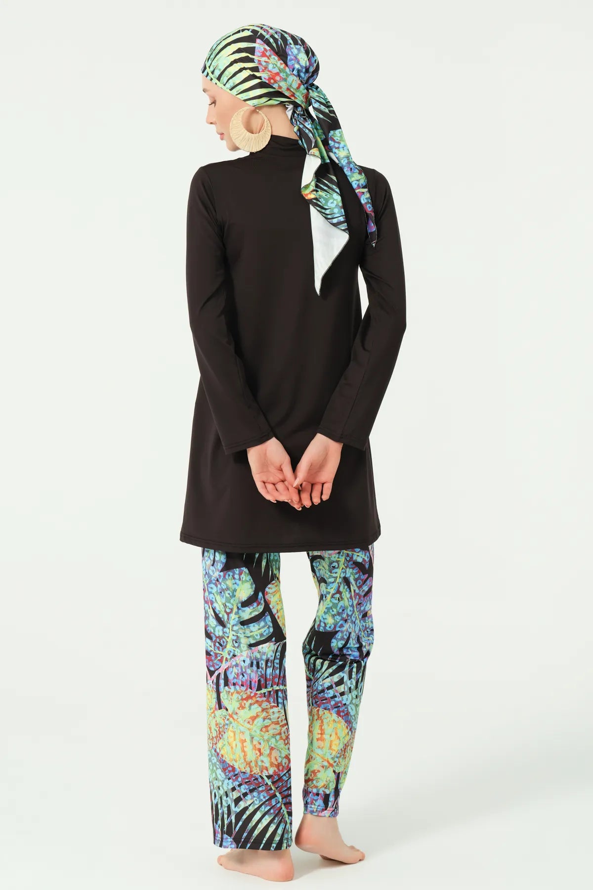 Black Lycra Burkini with Vibrant Tropical Leaf Print | Modest Swimwear