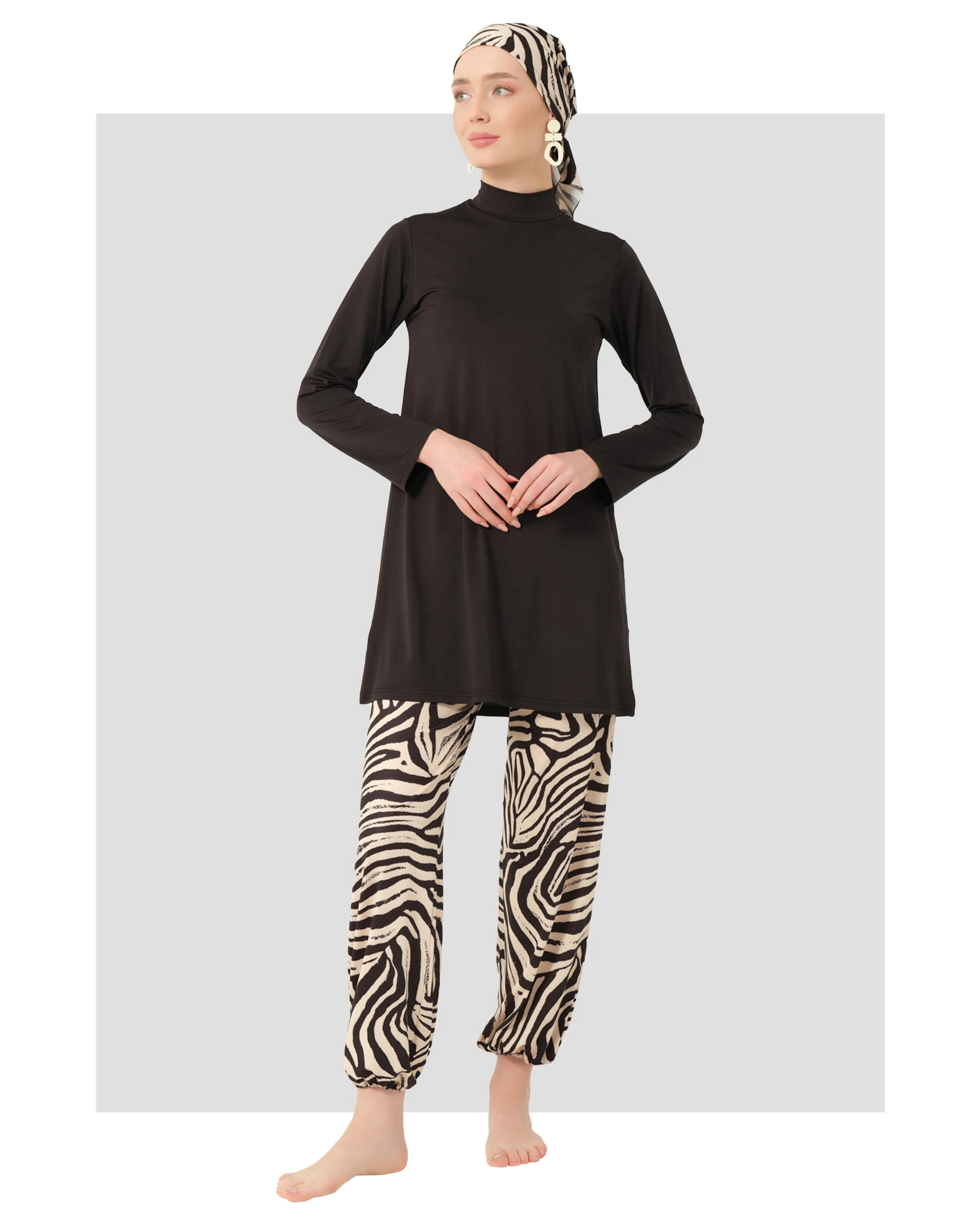 Black Lycra Burkini with Zebra Print | Stylish Modest Swimwear