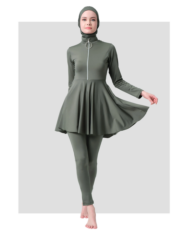 Flared Khaki Modest Swimsuit