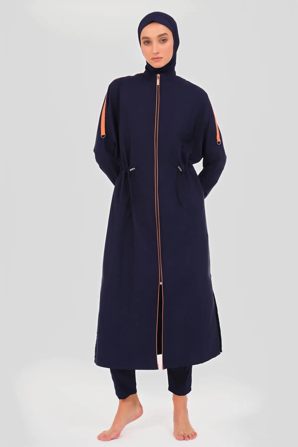 Full-Length Navy Burkini with Orange Straps
