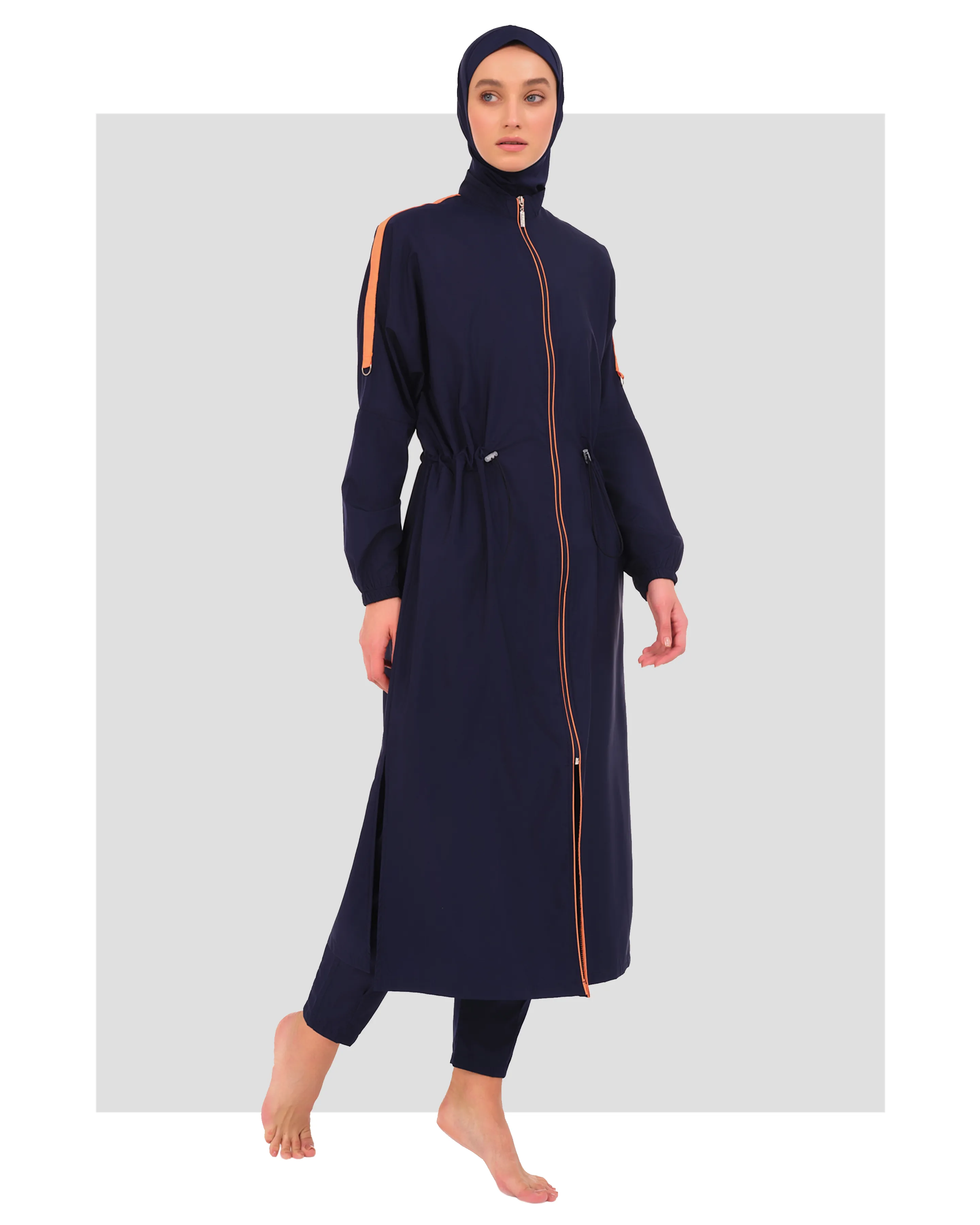 Full-Length Navy Burkini with Orange Straps