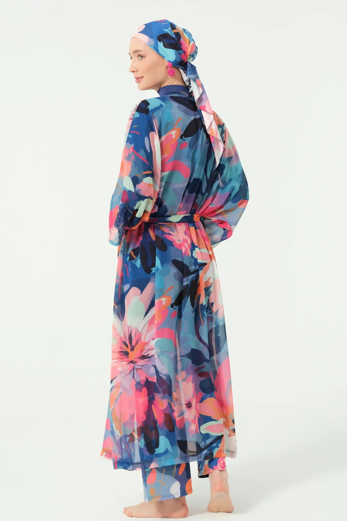 Indigo Floral Burkini with Sheer Kimono