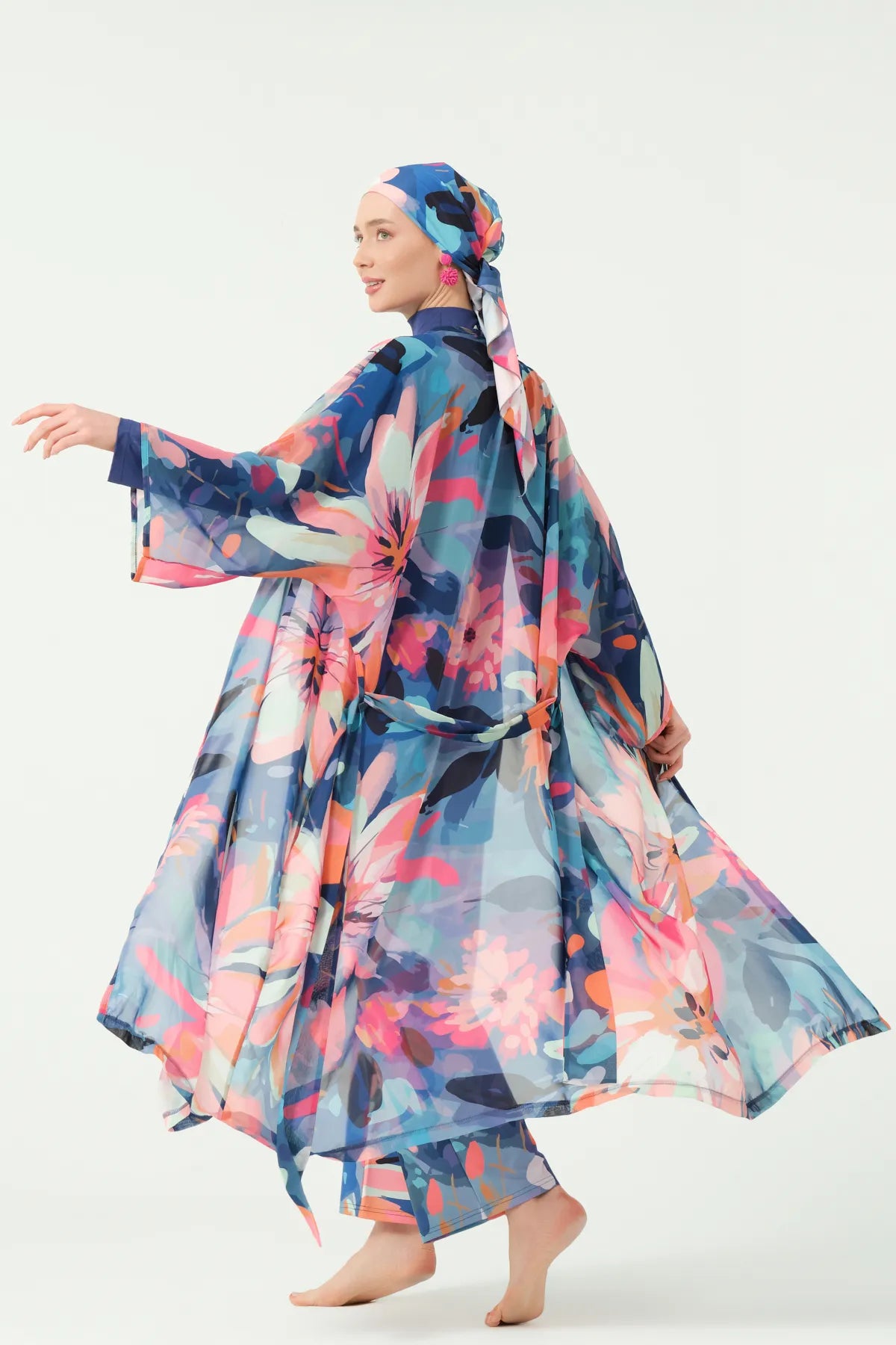 Indigo Floral Burkini with Sheer Kimono