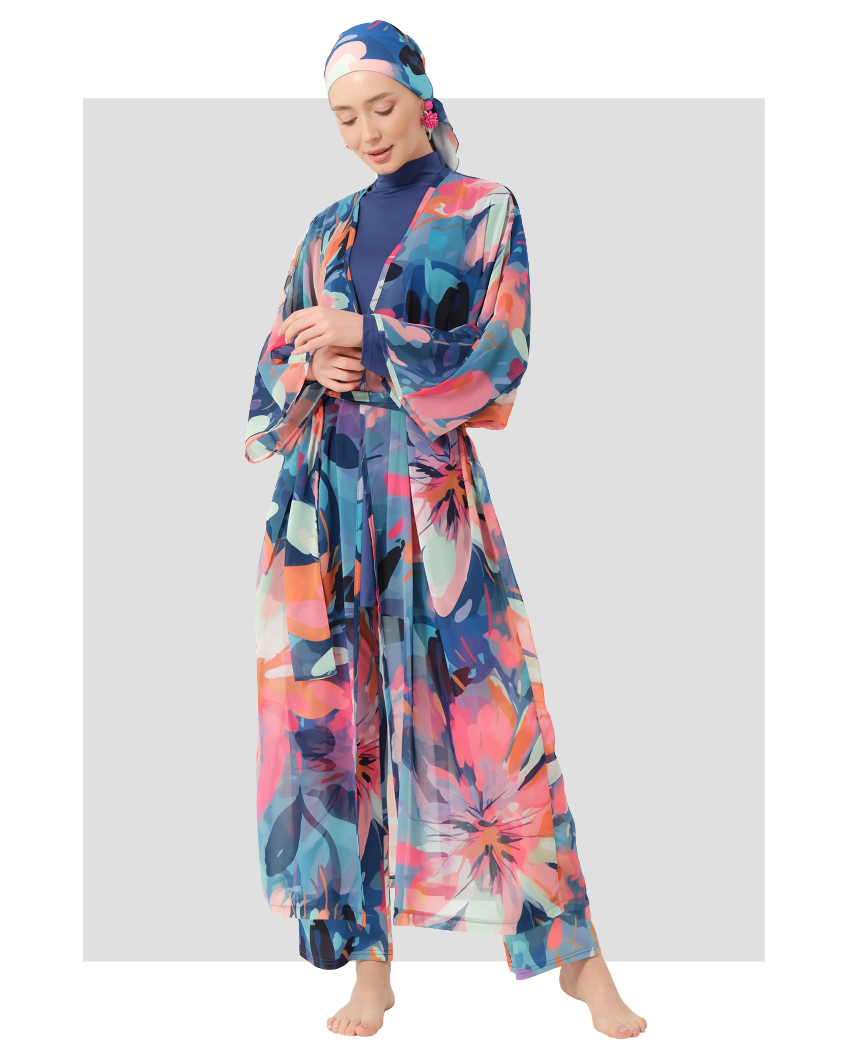 Indigo Floral Burkini with Sheer Kimono