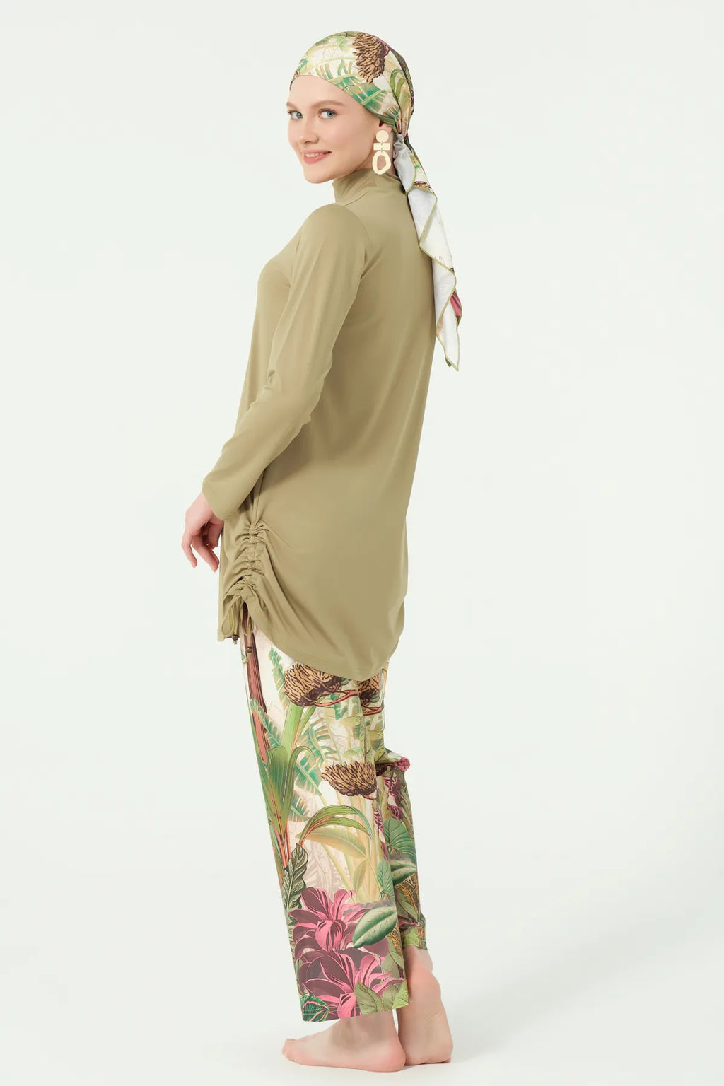 Khaki Lycra Burkini with Botanical Print with Sheer Kimono