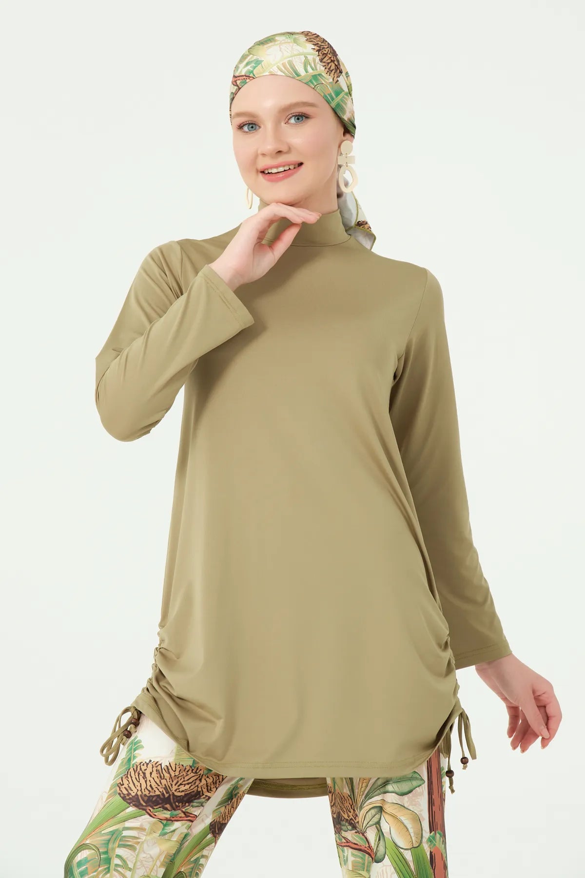 Khaki Lycra Burkini with Botanical Print | Modest Swimwear
