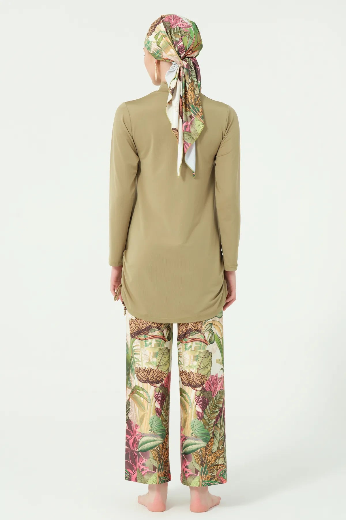 Khaki Lycra Burkini with Botanical Print with Sheer Kimono