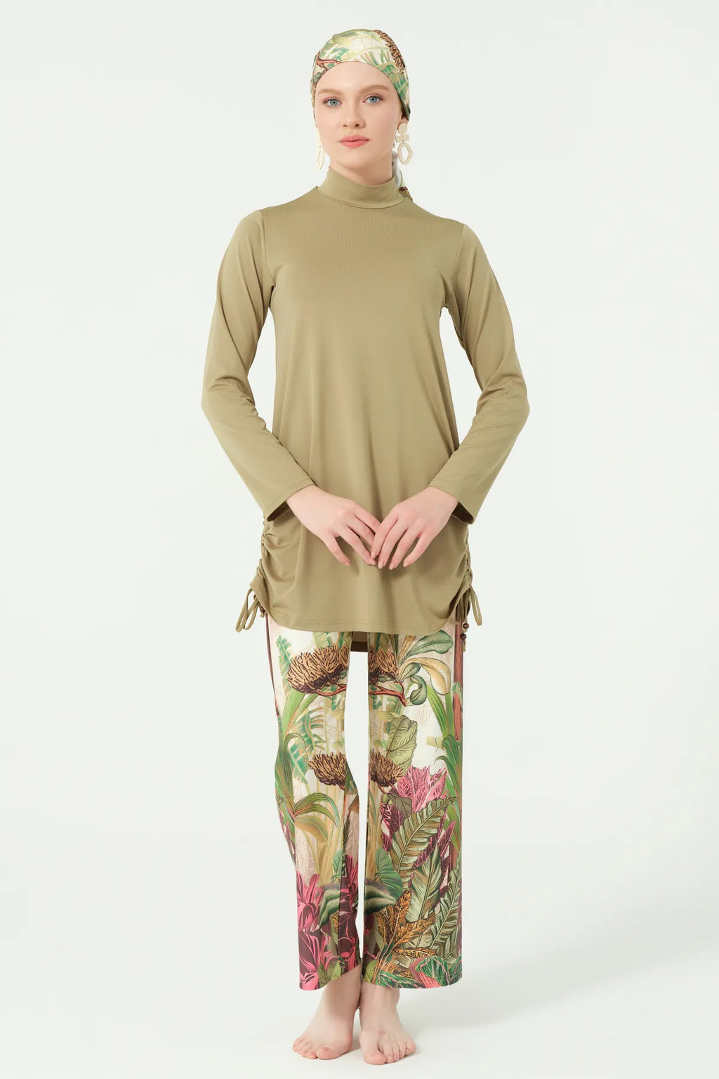 Khaki Lycra Burkini with Botanical Print with Sheer Kimono