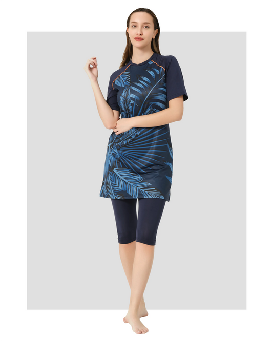 Navy Blue Tropical Modest Swimsuit