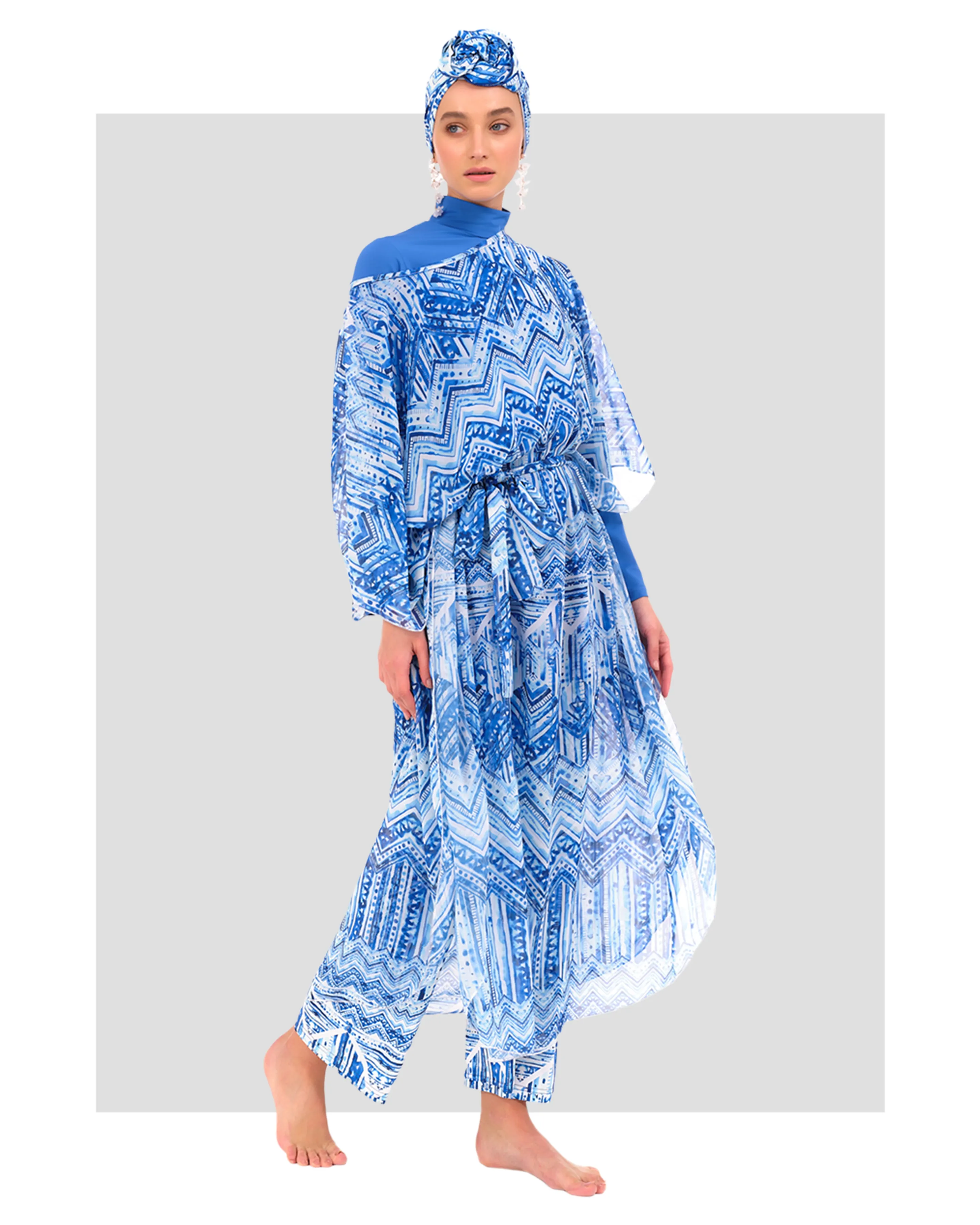 Sheer Kimono with Blue Geometric Print