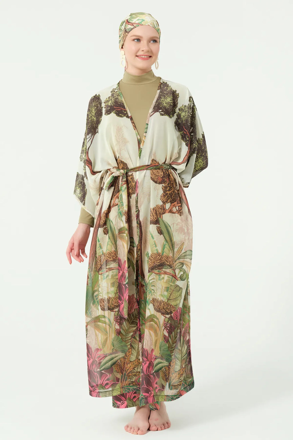 Khaki Lycra Burkini with Botanical Print with Sheer Kimono