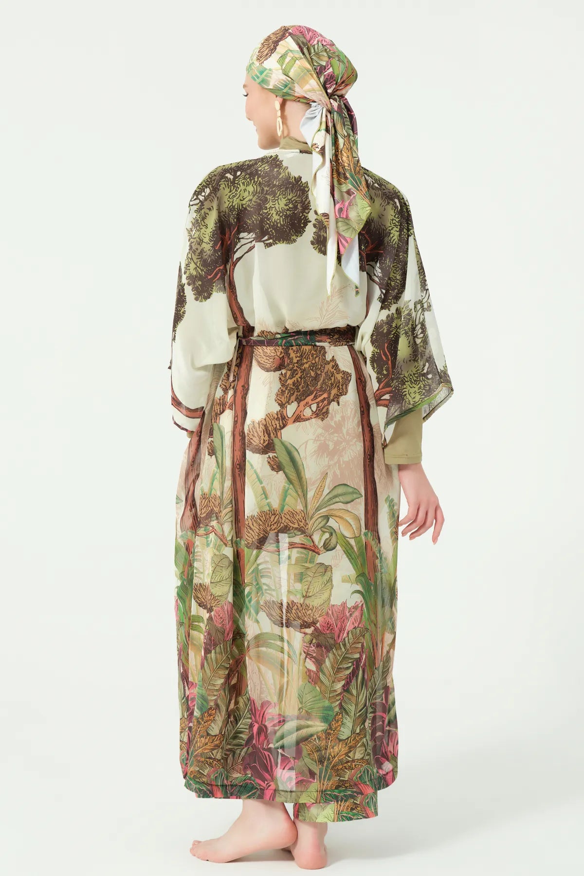 Khaki Lycra Burkini with Botanical Print with Sheer Kimono