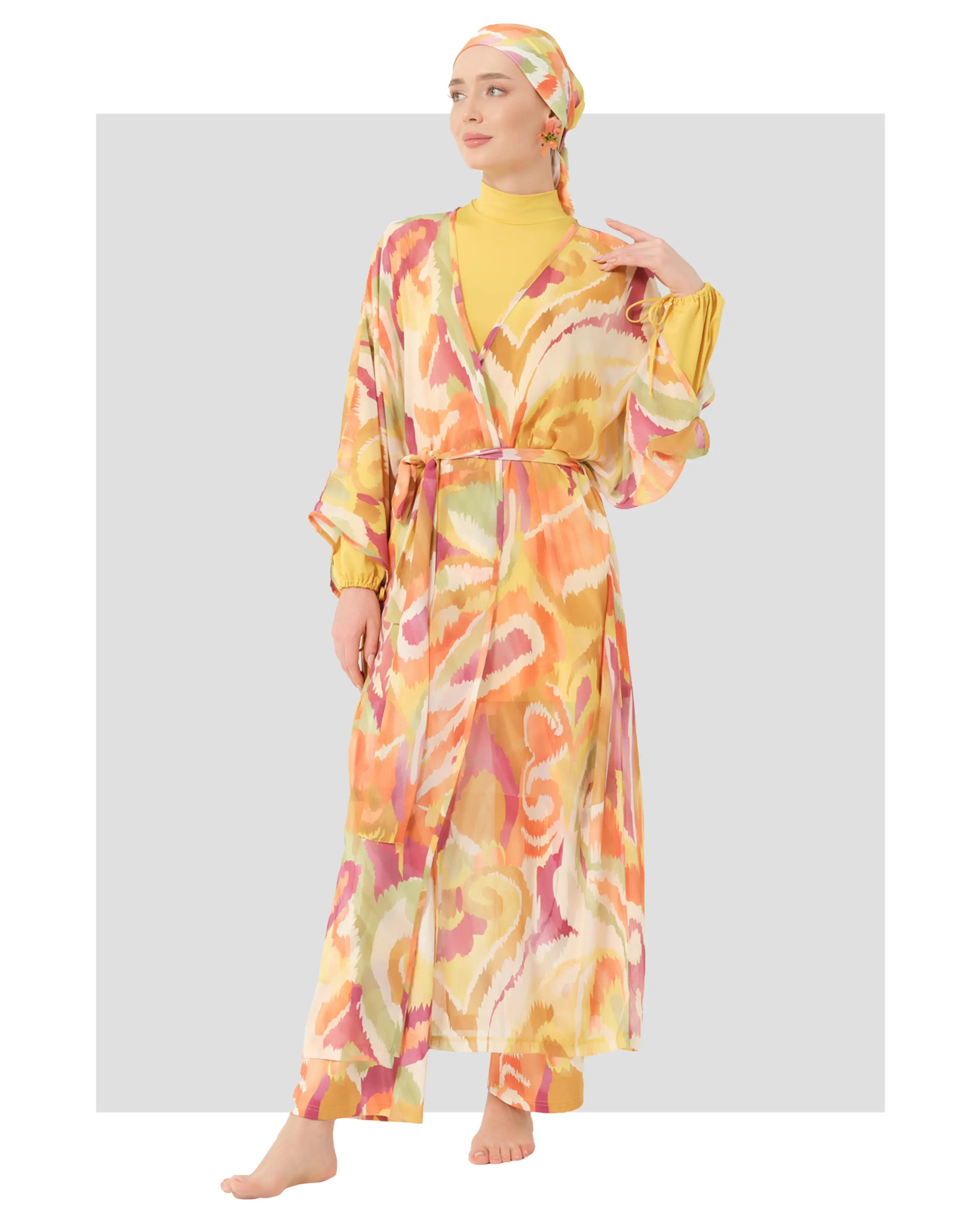 Golden Sunset Burkini Set with Sheer Kimono
