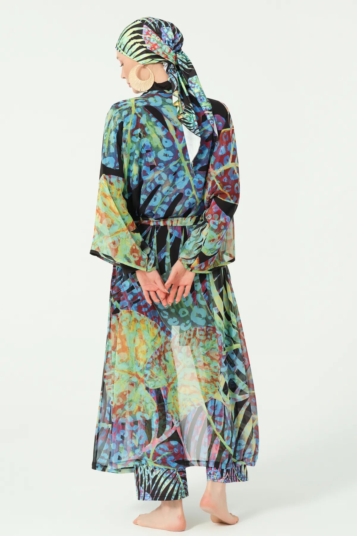 Black Lycra Burkini with Vibrant Tropical Leaf Print with Sheer Kimono