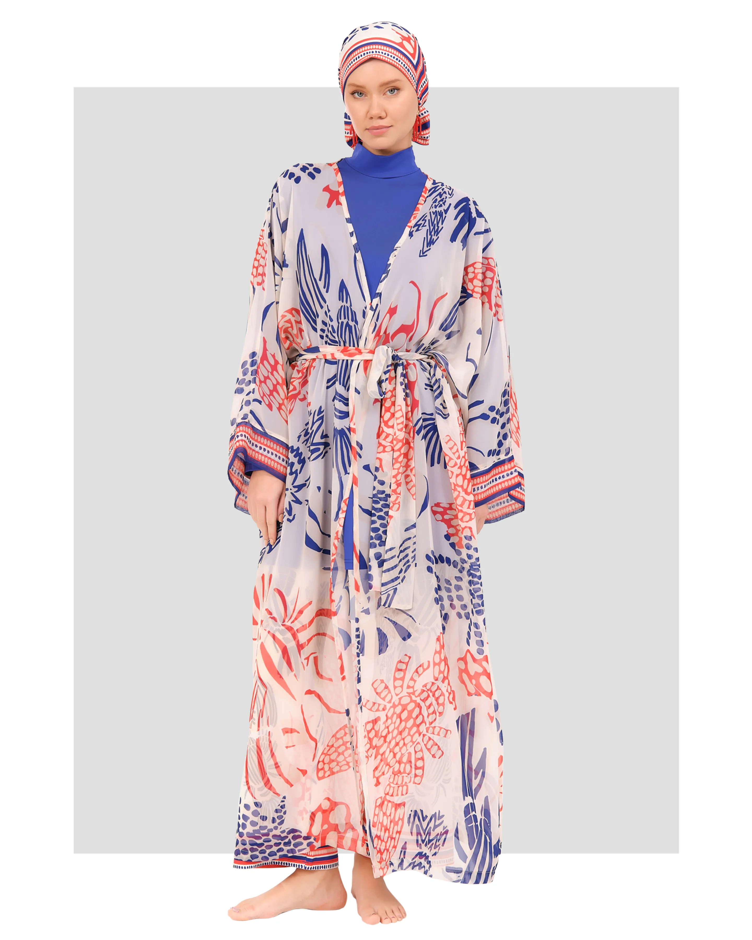 Sheer Kimono with Blue Floral Print