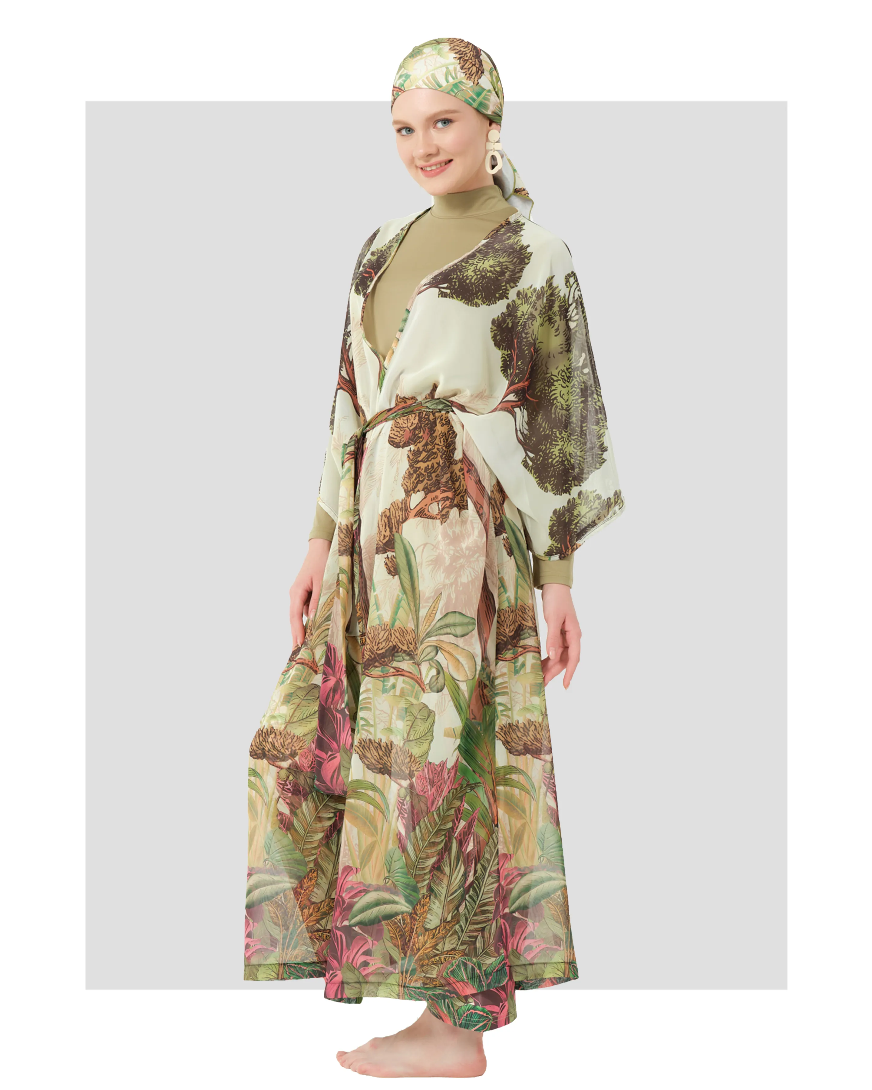 Khaki Lycra Burkini with Botanical Print with Sheer Kimono