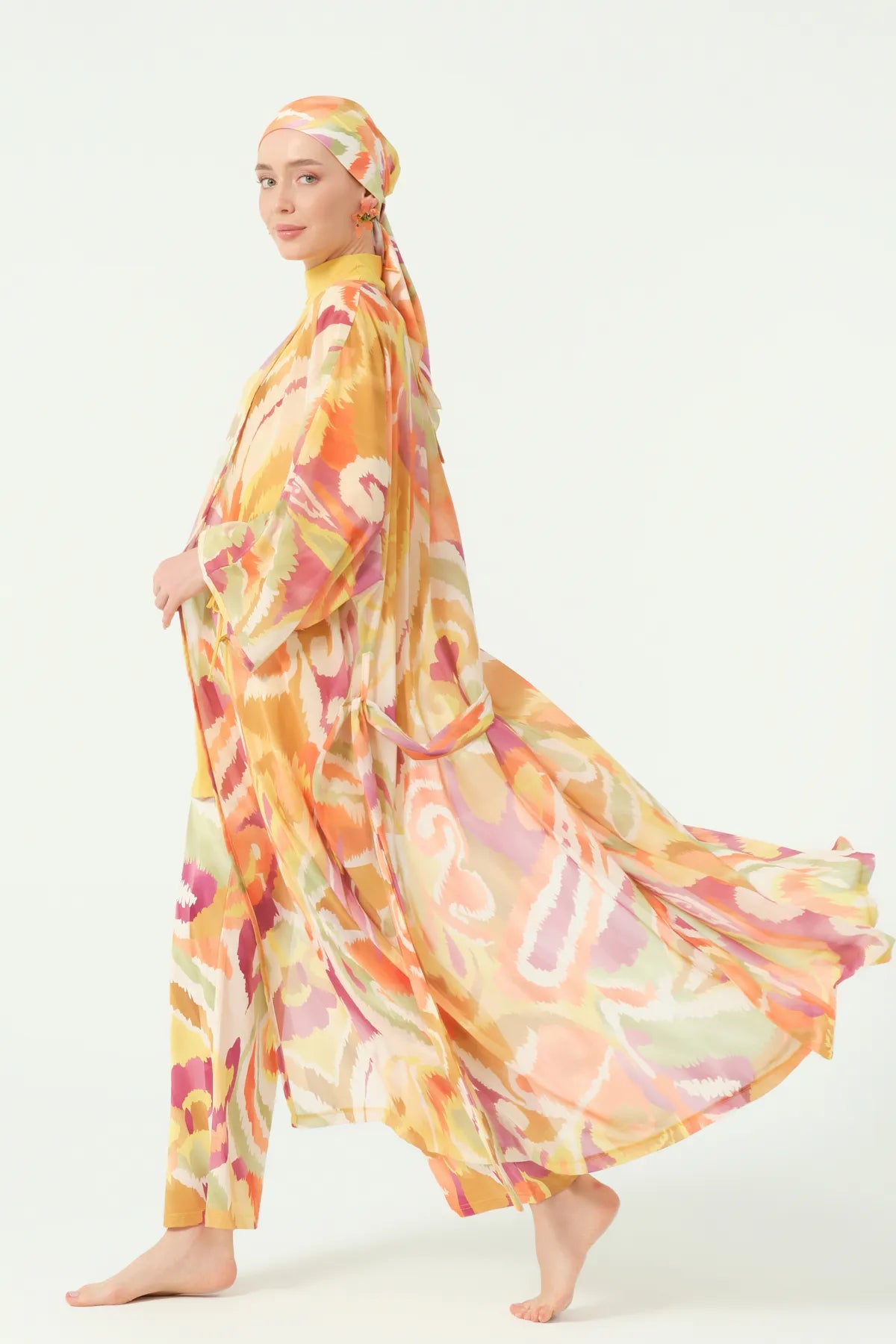 Golden Sunset Burkini Set with Sheer Kimono