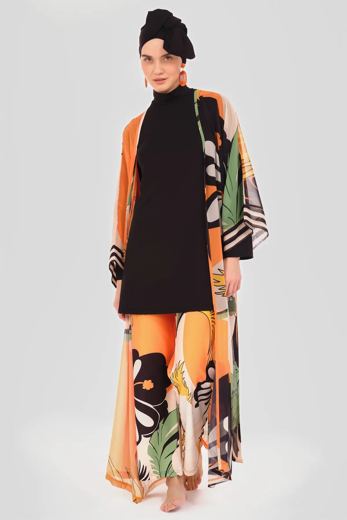 Noir Tropic Burkini Set with Sheer Kimono