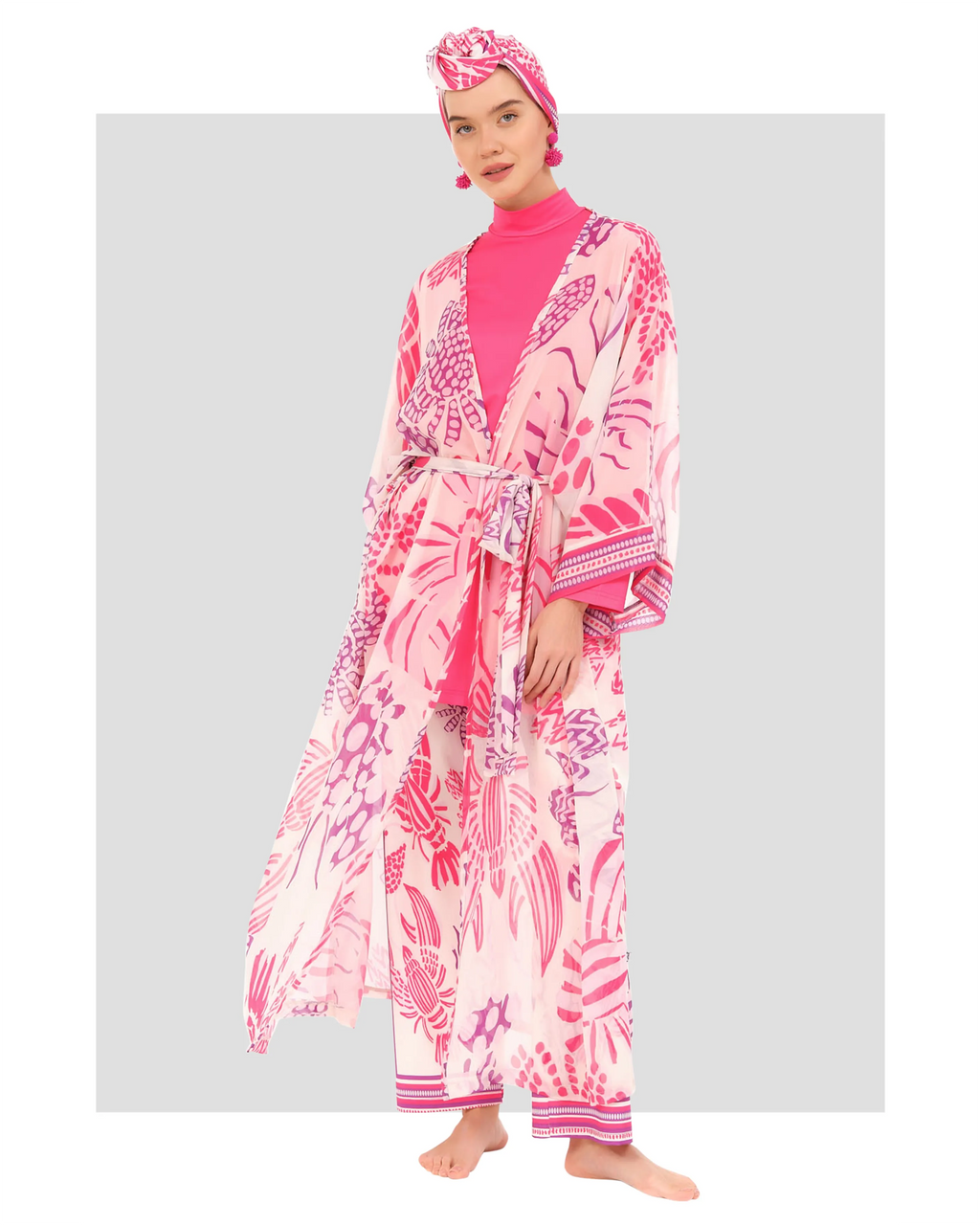 Tropical Fuchsia Burkini Set with Sheer Kimono