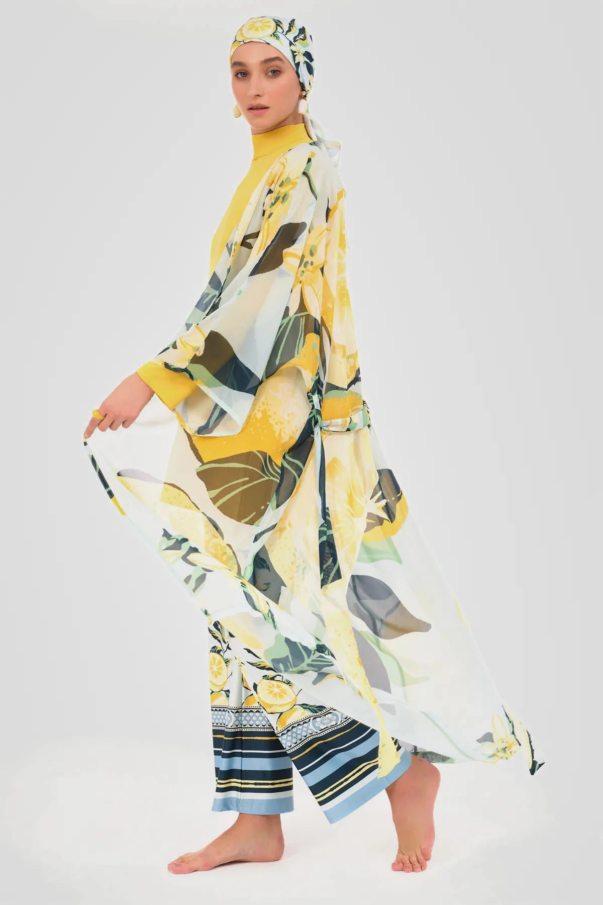 Sheer Kimono with Yellow Floral Print