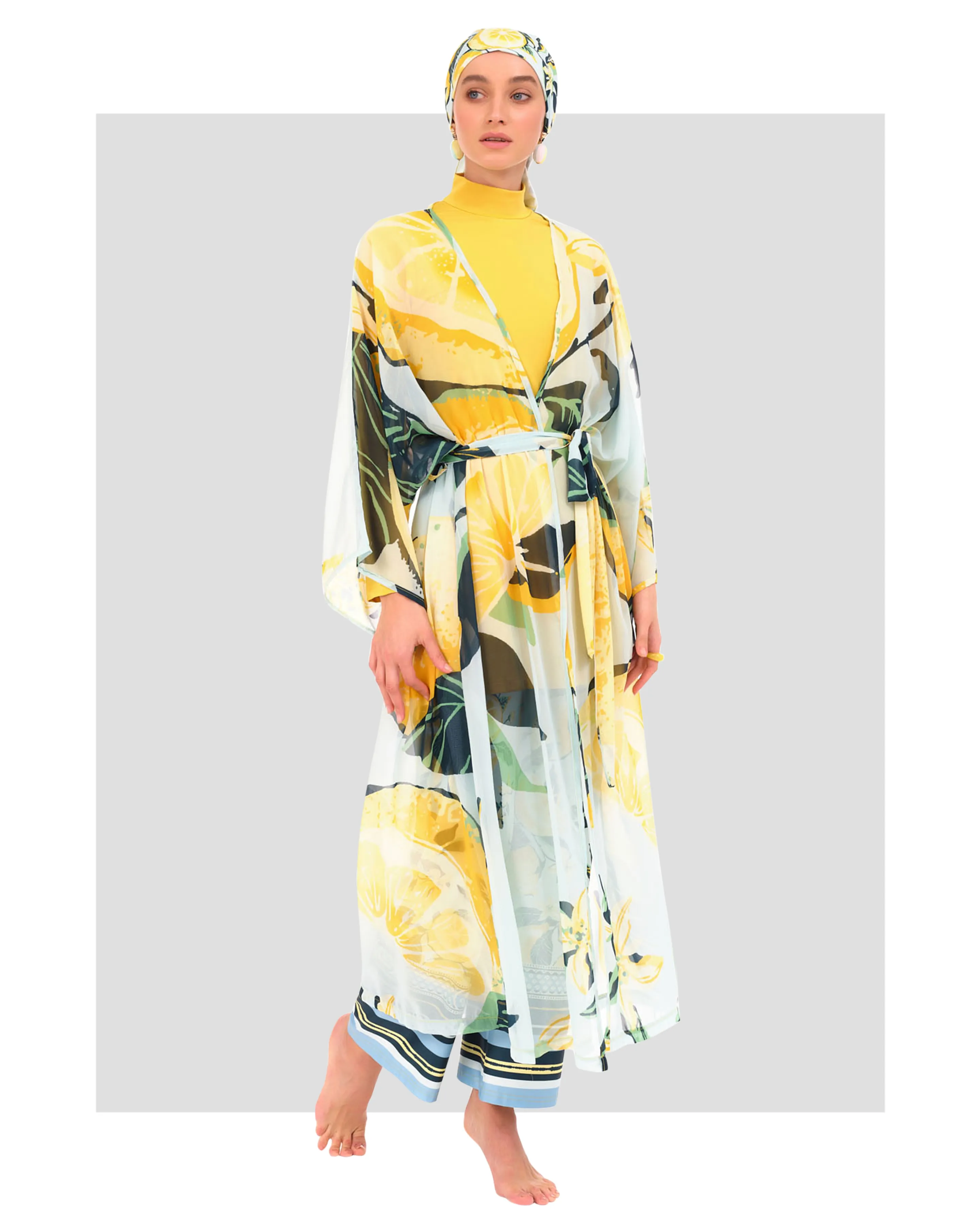 Sheer Kimono with Yellow Floral Print