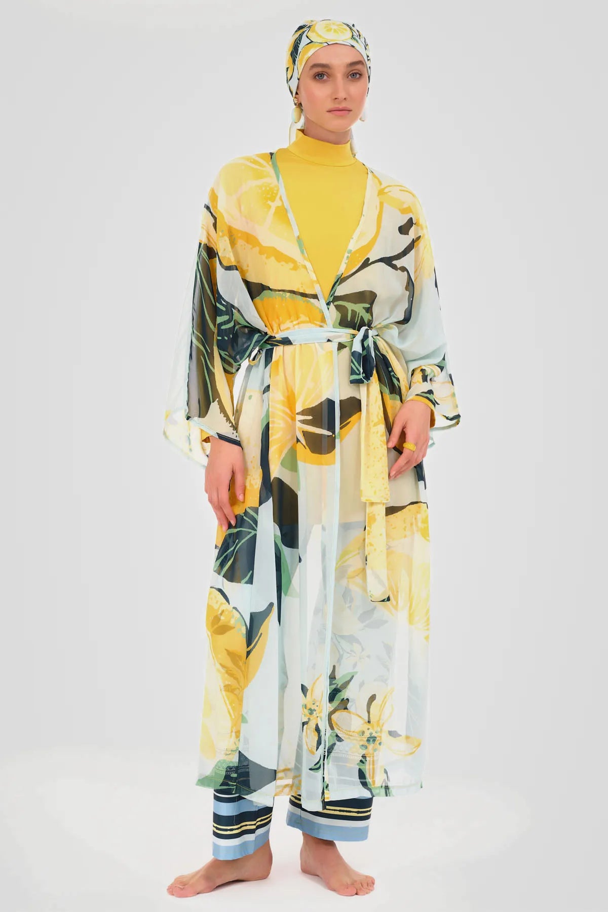 Sheer Kimono with Yellow Floral Print