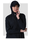 Woman wearing a black hijab Integrated Cap outfit on a white background