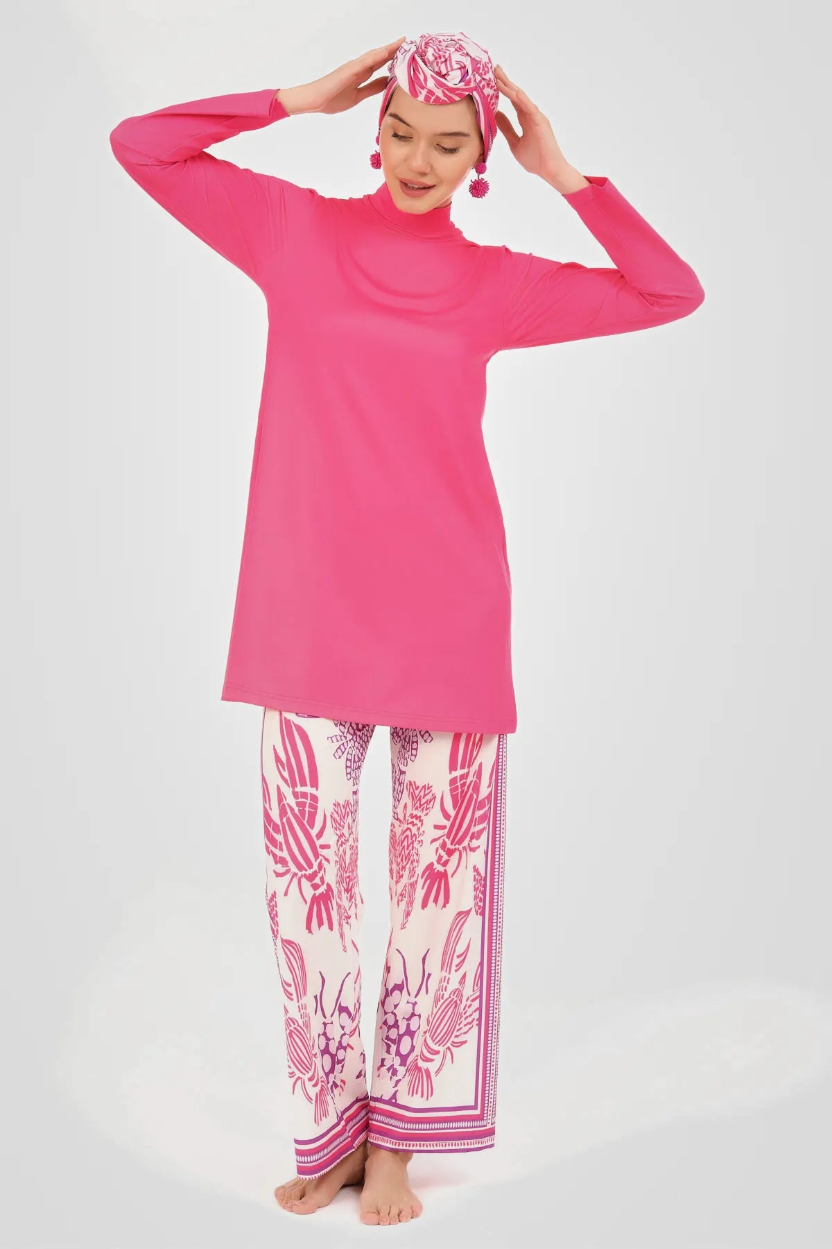 Tropical Fuchsia Burkini Set with Sheer Kimono