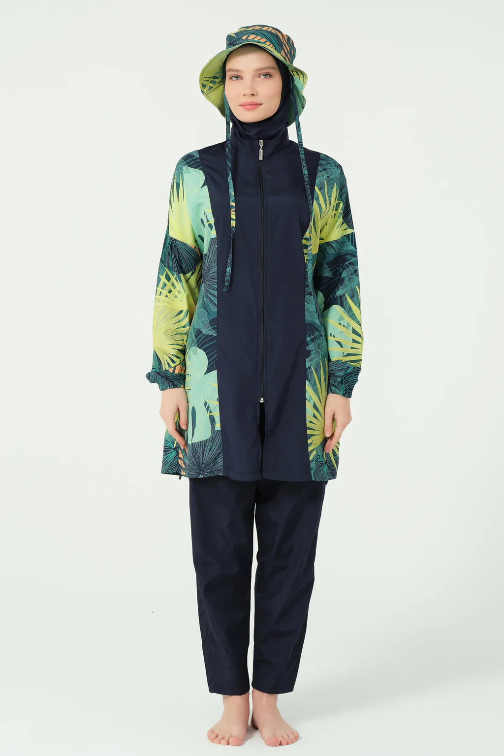 Tropical Green Zip-Up Modest Swimwear