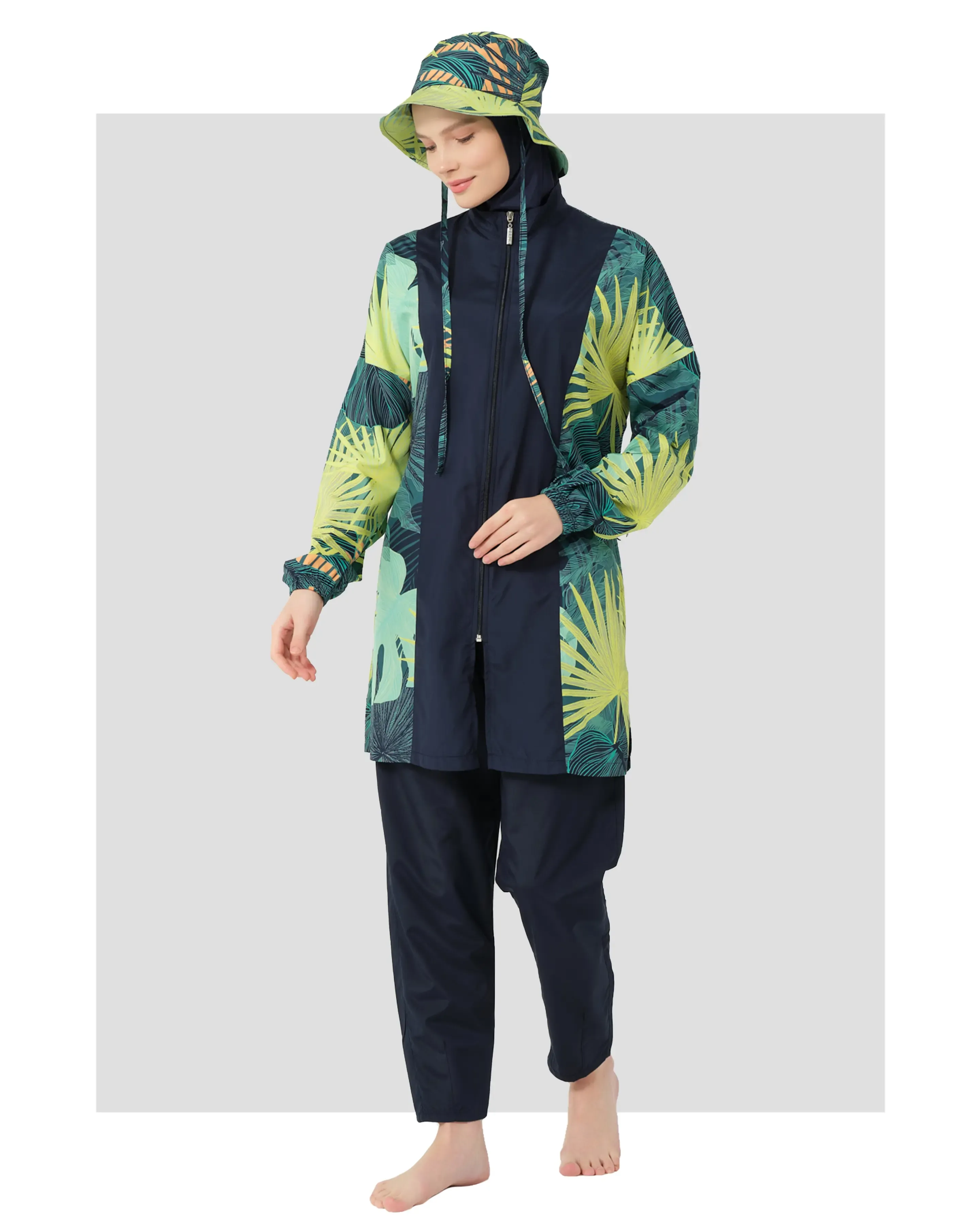 Tropical Green Zip-Up Modest Swimwear