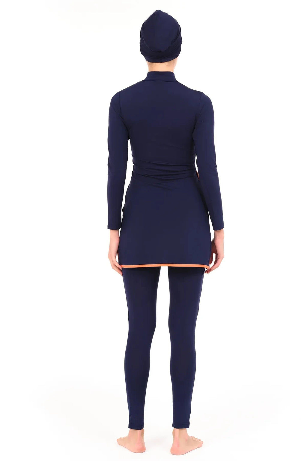 Navy burkini set back view showing full coverage on white background.