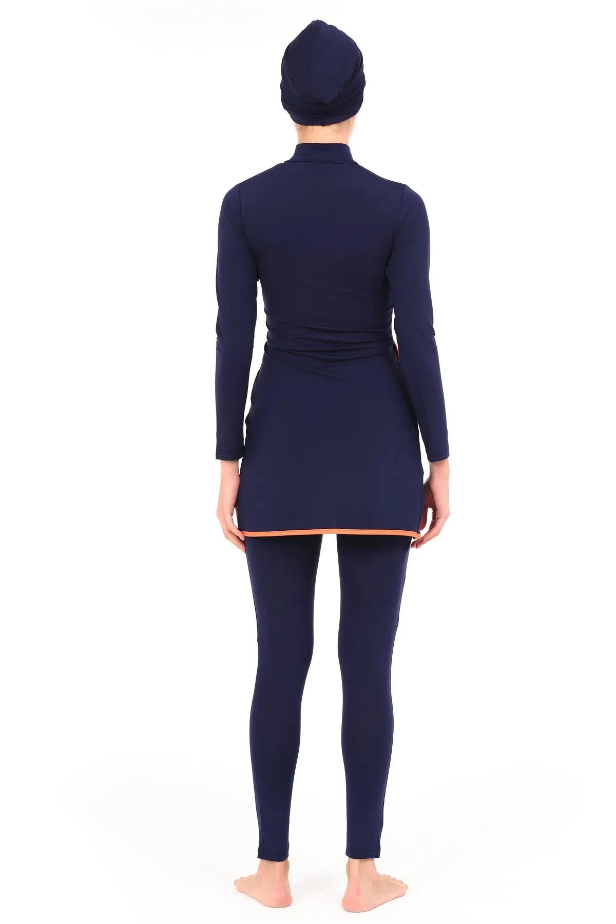 Navy burkini set back view showing full coverage on white background.