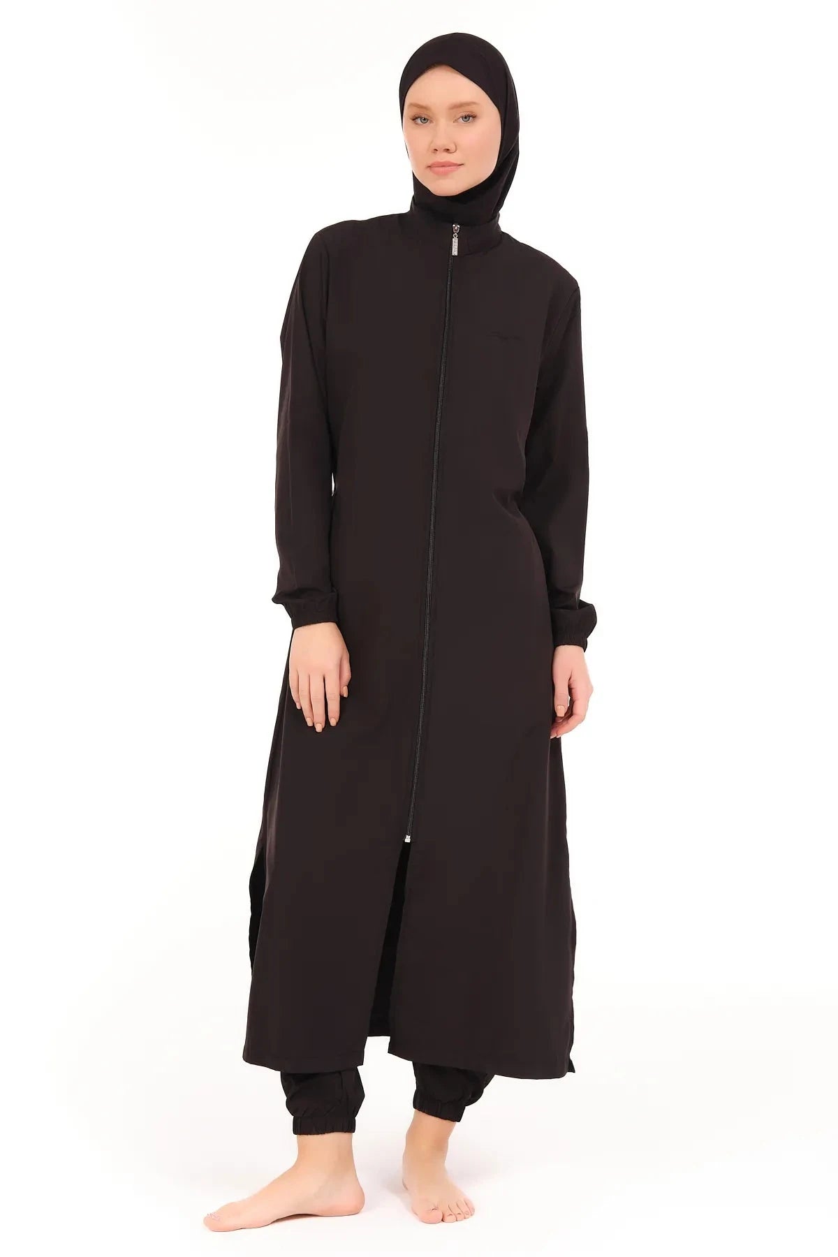 Full-length black burkini with front zipper and matching head covering.