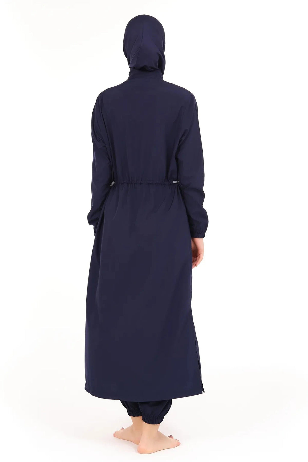 Back view of navy burkini set showing adjustable waist drawstring.