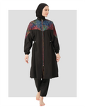 Black burkini set with colorful iridescent shoulder panels, front view.